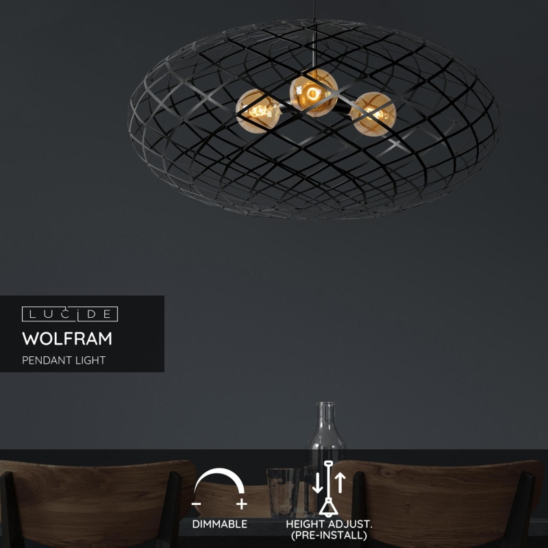 Lucide WOLFRAM - Závesné svietidlo - Ø 100 cm - 3xE27 - Čierna